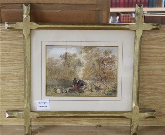 Circle of George Turner of Derby, watercolour, Figures camping in woodland, 15 x 21cm